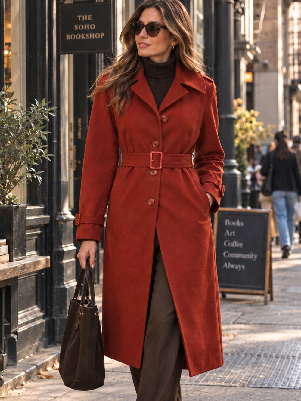 Vintage 100% Wool Trench Coat Rust Red Burnt Orange Belted Long Fall Womens S M
